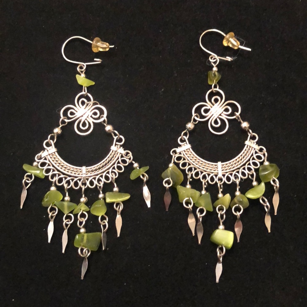 Dangly Earrings with Green Stones